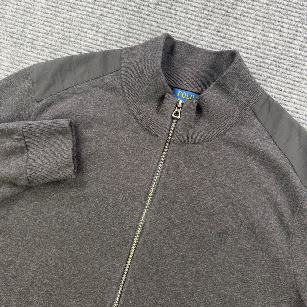 Polo Ralph Lauren Mens XLT Tall Gray Full Zip Cotton Sweater Quilted Shoulder